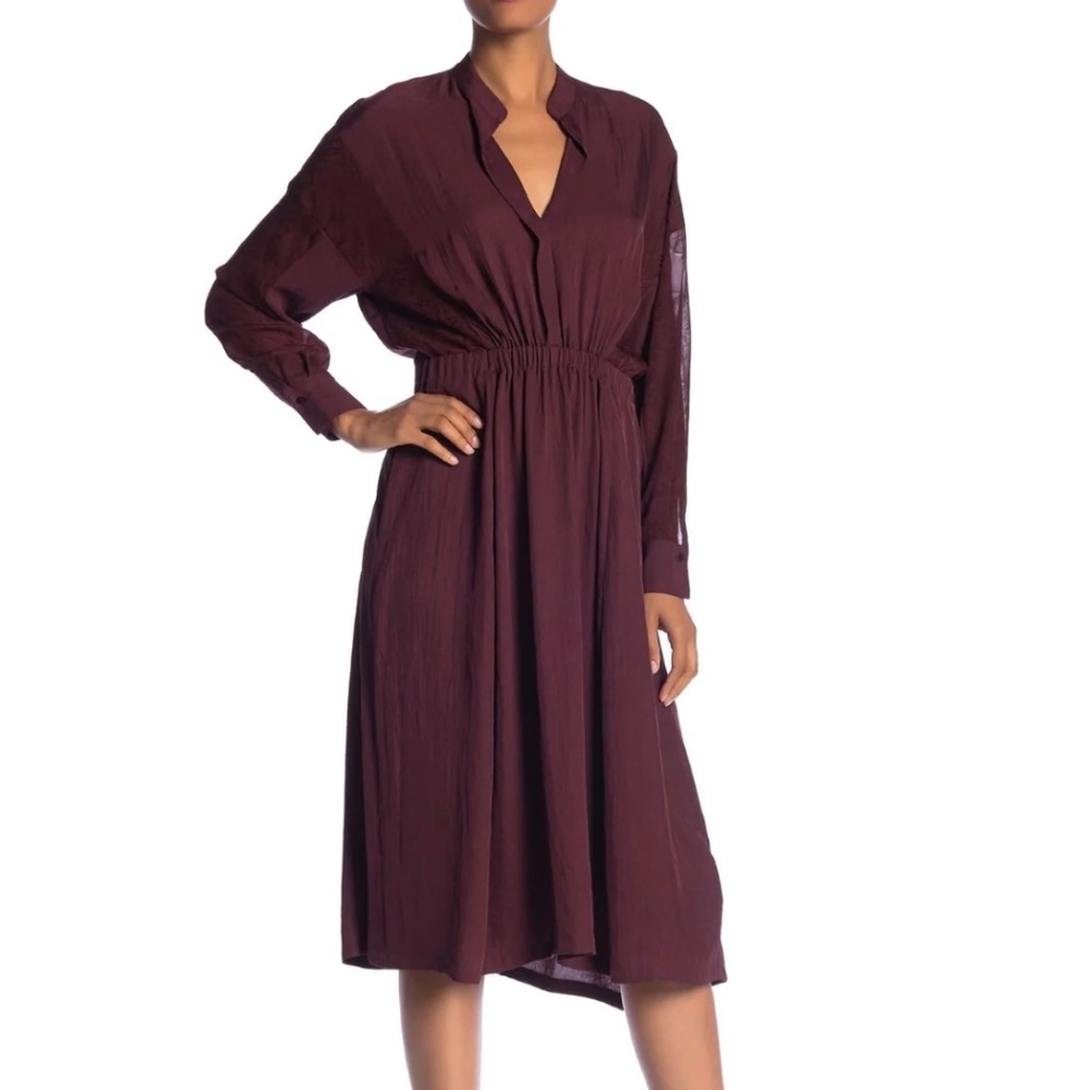 VINCE SPLIT NECK LONG SLEEVE DRESS IN BLACK CHERRY